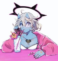 Rule 34 | 1girl, ahoge, asymmetrical gloves, black gloves, black nails, blue skin, breasts, chemaru (a8l), cleavage, collarbone, colored skin, spiked halo, cup, demon horns, drinking, drinking glass, drinking straw, flower, genderswap, genderswap (mtf), glasses, gloves, grey hair, guilty gear, guilty gear strive, halo, happy chaos, heart, heart tattoo, horns, jacket, looking at viewer, medium breasts, pink jacket, short hair, solo, tattoo, upper body, x-shaped eyewear