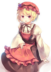 Rule 34 | 1girl, :3, :p, absurdres, aki minoriko, apron, blonde hair, breasts, brown dress, brown neckwear, brown ribbon, commentary request, dress, hat, highres, juliet sleeves, kanzakietc, long sleeves, looking at viewer, mob cap, one-hour drawing challenge, puffy sleeves, red apron, red eyes, red hat, ribbon, short hair, simple background, sitting, small breasts, solo, tongue, tongue out, touhou, v-shaped eyebrows, white background, wide sleeves