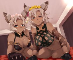 Rule 34 | 10s, 2girls, :p, all fours, animal ears, animal hands, blush, breasts, cat ears, cat girl, cat paws, covered erect nipples, dark-skinned female, dark skin, erune, flower, gloves, granblue fantasy, green eyes, hair flower, hair ornament, half-closed eyes, imacchi, large breasts, long hair, looking at viewer, looking down, melleau, multiple girls, naughty face, nemone, siblings, sisters, smile, tongue, tongue out