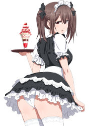 Rule 34 | 1girl, absurdres, ass, bad id, bad pixiv id, brown eyes, brown hair, commentary, dress, english commentary, frilled dress, frills, highres, looking back, maid, maid headdress, original, panties, parfait, solo, thighhighs, tray, tuskryo, twintails, underwear, white background, white panties, white thighhighs