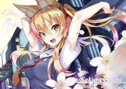 Rule 34 | 1girl, absurdres, animal ears, arms up, blonde hair, blouse, blurry, blush, breasts, brown necktie, character name, depth of field, fang, flower, fox ears, hair between eyes, highres, long hair, looking at viewer, medium breasts, necktie, open mouth, original, outdoors, petals, sailor collar, school uniform, shirt, short sleeves, side ponytail, sidelocks, smile, solo, sweater vest, upper body, white flower, white shirt, yellow eyes, zelitto