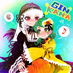 Rule 34 | 2girls, black dress, black flower, black rose, black wings, blush, bright pupils, closed mouth, detached collar, doll joints, dress, drill hair, feathered wings, flower, gothic lolita, green eyes, green hair, hakkasame, joints, juliet sleeves, kanaria, lolita fashion, long hair, long sleeves, looking at another, multiple girls, musical note, neck ribbon, nose blush, puffy sleeves, red eyes, red flower, red ribbon, red rose, ribbon, rose, rozen maiden, sleeves past wrists, smile, spoken musical note, spoken squiggle, squiggle, suigintou, wavy mouth, white hair, white pupils, wide sleeves, wings, yellow ribbon