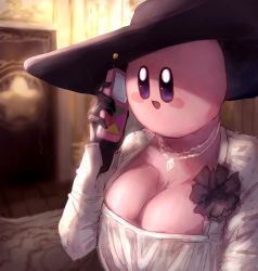 Rule 34 | alcina dimitrescu, alcina dimitrescu (cosplay), black gloves, black hat, blue eyes, blush stickers, breasts, cellphone, cleavage, colored skin, commentary, corsage, cosplay, dress, fusion, gloves, hat, highres, holding, holding phone, huge breasts, indoors, jewelry, kirby, kirby (series), meme, necklace, nintendo, open mouth, parody, phone, pink skin, resident evil, resident evil village, shiburingaru, solo, symbol-only commentary, talking on phone, upper body, what, white dress