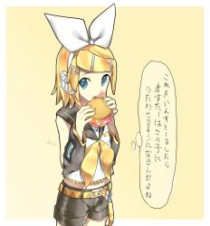 Rule 34 | 1girl, arm warmers, bare shoulders, belt, black collar, black shorts, black sleeves, blonde hair, blue eyes, bow, burger, collar, cowboy shot, crop top, detached sleeves, eating, food, hair bow, hair ornament, hairclip, headphones, headset, highres, holding, holding food, kagamine rin, kokuri moki, looking at viewer, midriff, nail polish, neckerchief, open mouth, sailor collar, school uniform, shirt, short hair, short shorts, shorts, sleeveless, sleeveless shirt, solo, standing, swept bangs, thought bubble, translated, vocaloid, white bow, white shirt, yellow background, yellow nails, yellow neckerchief