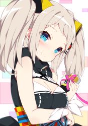 Rule 34 | 1girl, blonde hair, blush, breast hold, breasts, cleavage, cleavage cutout, closed mouth, clothing cutout, dress, forehead, hair ornament, hairclip, holding, kaguya luna, lace, lace-trimmed dress, lace trim, large breasts, long hair, looking at viewer, multicolored background, obi, pink ribbon, ribbon, sash, sidelocks, sleeveless, sleeveless dress, smile, solo, sweatband, tareme, the moon studio, twintails, upper body, valentine, virtual youtuber, watanon (gakushokutei), white ribbon