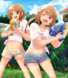 Rule 34 | 2girls, :d, ;d, ahoge, blue sky, brown eyes, brown hair, cloud, day, gomashio star, grass, highres, long hair, multiple girls, navel, one eye closed, open mouth, original, outdoors, red eyes, see-through, shirt, short shorts, shorts, sky, smile, standing, summer, super soaker, tied shirt, tree, twintails, wet, white shirt