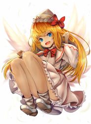 Rule 34 | 1girl, :d, blonde hair, blue eyes, bow, bowtie, buttons, commentary request, dorsiflexion, fairy wings, hair bow, hands up, hat, houdukixx, knees up, lily white, long hair, long sleeves, loose socks, open mouth, petticoat, red bow, red bowtie, shirt, shoes, simple background, skirt, smile, socks, solo, teeth, tongue, touhou, upper teeth only, white background, white footwear, white hat, white shirt, white skirt, white socks, wide sleeves, wings