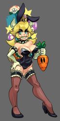 Rule 34 | 1girl, alex ahad, animal ears, armlet, black footwear, black leotard, black thighhighs, blonde hair, bowsette, breasts, carrot, collar, elbow gloves, gloves, grey background, high heels, highres, large breasts, leotard, mario (series), mushroom, new super mario bros. u deluxe, nintendo, piranha plant, playboy bunny, rabbit ears, rabbit tail, simple background, smile, solo, spiked armlet, spiked collar, spiked shell, spikes, super crown, tail, thighhighs