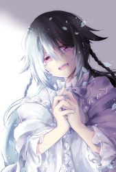 Rule 34 | 00s, 1girl, alice (pandora hearts), braid, brown hair, dress, frills, gradient hair, long hair, multicolored hair, own hands clasped, own hands together, pandora hearts, purimo (xxxmofmof), purple eyes, red eyes, smile, tears, white hair, will of the abyss