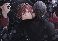 Rule 34 | 2boys, blush, brown hair, chain-link fence, crying, fence, formal, gloves, green eyes, hypnosis mic, iruma jyuto, kannonzaka doppo, multiple boys, night, pinned down, red hair, restrained, scared, suit, tears, yaoi