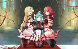 Rule 34 | 3girls, absurdres, aqua eyes, aqua hair, armor, arms behind back, arms up, ass, backless dress, backless outfit, bdsm, between breasts, black gloves, black legwear, blonde hair, blush, bondage, bound, bound arms, bound legs, breasts, buckle, chest jewel, closed mouth, collar, covered erect nipples, covered navel, dress, earrings, elbow gloves, female focus, fingerless gloves, gem, gloves, hairband, high ponytail, highres, impossible clothes, indoors, jewelry, large breasts, leotard, long hair, long sleeves, matching hair/eyes, multiple girls, multiple persona, mythra (xenoblade), no panties, no shoes, open mouth, pneuma (xenoblade), pout, pyra (xenoblade), red carpet, red eyes, red hair, red legwear, red shorts, restrained, rope, shibari, short dress, short hair, short shorts, shorts, shoulder armor, slave, stationary restraints, swept bangs, tendo (zhazhatiantong), thighhighs, tiara, bound together, v-shaped eyebrows, very long hair, white dress, white gloves, white legwear, xenoblade chronicles (series), xenoblade chronicles 2, yellow eyes