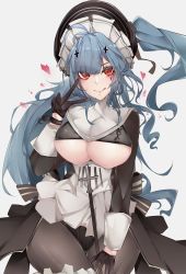 Rule 34 | 1girl, :q, azur lane, blue hair, breasts, brown dress, brown gloves, brown pantyhose, clothing cutout, cowboy shot, cross hair ornament, dress, gloves, hair ornament, half gloves, heart, highres, kive, large breasts, long hair, looking at viewer, maid headdress, marco polo (azur lane), marco polo (the queen of hearts) (azur lane), pantyhose, red eyes, simple background, solo, tongue, tongue out, underboob, underboob cutout, v, very long hair, white background