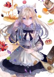 Rule 34 | 1girl, animal ears, apron, blue eyes, bow, bowtie, dress, food, frills, fruit, hair between eyes, hair ornament, hairclip, highres, holding, long hair, long sleeves, looking at viewer, maid, maid apron, maid headdress, original, seisaiminty, signature, solo, strawberry, white background