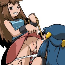 Rule 34 | 2girls, aliasing, bare arms, bare shoulders, bdsm, black wristband, bloggerman, blue eyes, blue hair, blush, breasts, brown eyes, brown hair, cleft of venus, clitoris, clothed sex, clothes lift, couple, cowboy shot, creatures (company), cunnilingus, dawn (pokemon), dutch angle, eye contact, femdom, game freak, green (pokemon), grin, half updo, jaggy lines, leash, leash pull, lifting own clothes, long hair, looking at another, lowres, medium breasts, miniskirt, multiple girls, nintendo, no headwear, oral, panties, panty pull, pleated skirt, pokemon, pussy, pussy juice, rope, saliva, self exposure, shadow, shirt, simple background, skirt, skirt lift, smile, tongue, tongue out, uncensored, underwear, white background, white panties, wristband, yuri