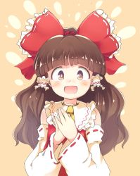 Rule 34 | 1girl, :d, ascot, blouse, blunt bangs, blush, bow, brown eyes, brown hair, detached sleeves, hair bow, hair tubes, hakurei reimu, happy, long hair, looking at viewer, open mouth, own hands together, ripu (lipi), shirt, smile, solo, touhou, wavy hair