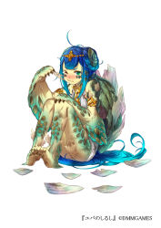 Rule 34 | 1girl, armlet, barefoot, blue hair, blush, claws, dmm, full body, green eyes, hand on knees, knees up, long hair, looking at viewer, mataichi mataro, monster girl, official art, scales, shedding, shedding skin, shell, simple background, sitting, solo, very long hair, white background, yuba no shirushi