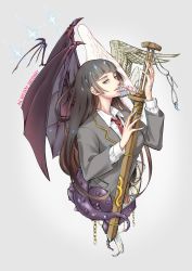 Rule 34 | 1girl, angel wings, bat wings, bird wings, black hair, blue eyes, blunt bangs, breasts, brown hair, chain, collared shirt, colored inner hair, english text, fins, fish tail, hand tattoo, highres, hio tksr05, holding, holding sword, holding weapon, jewelry, lips, long hair, multicolored eyes, multicolored hair, necktie, open mouth, protagonist 2 (housamo), red necktie, ring, scabbard, school uniform, sheath, shirt, sidelocks, skeletal wings, smile, solo, sparkle, star (symbol), sword, tail, tattoo, tentacles, tokyo houkago summoners, upper body, weapon, white background, white eyes, wings