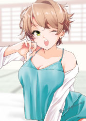 Rule 34 | 1girl, :o, alternate costume, alternate hairstyle, breasts, brown hair, claw pose, cleavage, commentary request, green eyes, kajii supana, kantai collection, large breasts, mutsu (kancolle), off shoulder, open mouth, pajamas, shirt, solo, twitter username, upper body, white shirt