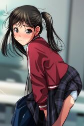 Rule 34 | 1girl, absurdres, bag, bent over, black hair, black skirt, blue bag, blue panties, blurry, blurry background, blush, brown eyes, closed mouth, clothes lift, covering privates, covering crotch, cowboy shot, day, depth of field, embarrassed, from side, hair strand, highres, holding, holding bag, jacket, leaning forward, light smile, long hair, long sleeves, looking at viewer, looking to the side, matsunaga kouyou, messy hair, nervous smile, nose blush, original, outdoors, panties, plaid, plaid skirt, pleated skirt, polka dot, polka dot panties, raised eyebrows, red jacket, school bag, school uniform, single vertical stripe, skirt, skirt lift, skirt tug, smile, solo, standing, track jacket, twintails, underwear, wind, wind lift