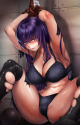 Rule 34 | 1girl, armpits, arms up, ass, ball and chain restraint, black bra, black hair, black panties, blue eyes, blush, bound, bound wrists, bra, breasts, cleavage, commission, glaring, gloves, highres, large breasts, long hair, nohito, original, panties, purple hair, restrained, rope, sitting, skeb commission, solo, spread legs, sweat, tears, thighhighs, torn clothes, torn thighhighs, underwear, underwear only, white gloves