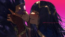 Rule 34 | 1boy, 1girl, 91007, black hair, black nails, bridal gauntlets, commentary, fire emblem, fire emblem awakening, grabbing, gradient background, highres, hood, hood pull, looking at another, nintendo, robin (fire emblem), robin (male) (fire emblem), smile, sweat, symbol-only commentary, tharja (fire emblem), tiara, yellow eyes