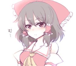 Rule 34 | 1girl, ascot, bare shoulders, blouse, blush, bow, breasts, brown hair, collarbone, detached sleeves, expressionless, frown, hair bow, hair tubes, hakurei reimu, large bow, medium breasts, medium hair, red eyes, ribbon-trimmed sleeves, ribbon trim, shiohachi, shirt, simple background, solo, sweatdrop, touhou, translated, v-shaped eyebrows, white background, wide sleeves