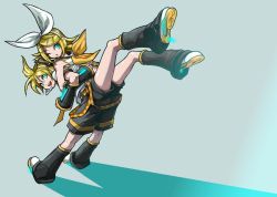 Rule 34 | 1boy, 1girl, assisted stretching, back-to-back, brother and sister, kagamine len, kagamine rin, kimimaru, lifting person, locked arms, one eye closed, siblings, stretching, twins, vocaloid, wink