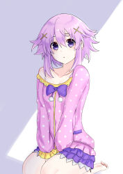 Rule 34 | 1girl, absurdres, barefoot, bow, feet, flat chest, hair ornament, highres, matching hair/eyes, neptune (neptunia), neptune (series), no shoes, pajamas, purple eyes, purple hair, short hair, simple background, soles, solo, toes, white background