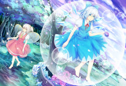Rule 34 | 2girls, ascot, barefoot, blue eyes, blue hair, bow, bubble, cirno, cloud, cloudy sky, daiyousei, dress, fairy, fairy wings, flower, forest, full moon, hair bow, hongmao, ice, ice wings, lake, looking at viewer, moon, multiple girls, nature, neck ribbon, puffy short sleeves, puffy sleeves, purple sky, ribbon, ripples, short sleeves, sky, stream, touhou, tree, walking, walking on liquid, water, wings