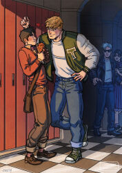 Rule 34 | 1girl, 3boys, bad id, bad tumblr id, bara, black hair, blonde hair, blush, brown pants, couple, cris art, denim, full body, hand on own hip, hand up, heart, height difference, hulkling, jacket, jeans, kabedon, layered shirt, leg up, long sideburns, male focus, marvel, multiple boys, muscular, muscular male, open clothes, open jacket, pants, pectorals, seductive smile, shoes, short hair, sideburns, smile, sneakers, thick eyebrows, wiccan, yaoi