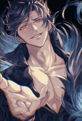 Rule 34 | bad id, bad twitter id, belial (granblue fantasy), black background, black hair, black shirt, chromatic aberration, collarbone, feather boa, granblue fantasy, looking at viewer, male focus, omotim000, outstretched hand, red eyes, shirt, smile, solo
