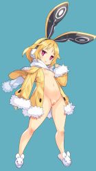 Rule 34 | 1girl, animal ears, animal slippers, blonde hair, blue background, blush, breasts, cleft of venus, coat, commentary request, disgaea, earmuffs, fur-trimmed jacket, fur-trimmed sleeves, fur trim, groin, head tilt, jacket, long sleeves, looking at viewer, makai senki disgaea 5, naked coat, navel, nipples, open clothes, open jacket, parted lips, pom pom (clothes), purple eyes, pussy, rabbit earmuffs, rabbit ears, scarf, short eyebrows, simple background, sleeves past wrists, slippers, slit pupils, small breasts, solo, standing, thick eyebrows, tsudero, uncensored, usalia (disgaea), v-shaped eyebrows, white footwear, white scarf, yellow jacket