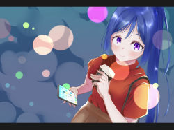 Rule 34 | 1girl, 26 (futamr), artist name, artist request, bag, blue hair, blush, breasts, brown skirt, cellphone, coffee cup, cup, disposable cup, female focus, futamu yuinowa, hair between eyes, highres, holding, holding cellphone, holding cup, holding phone, long hair, looking at viewer, love live!, love live! school idol festival, love live! sunshine!!, matsuura kanan, parted lips, phone, ponytail, purple eyes, red shirt, shirt, shoulder bag, skirt, small breasts, smile, solo