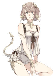 Rule 34 | 1girl, au ra, warrior of light (ff14), blue eyes, breasts, commentary request, dragon horns, dragon tail, final fantasy, final fantasy xiv, highres, horns, light brown hair, makimura shunsuke, scales, short hair, small breasts, solo, swept bangs, tail, white background