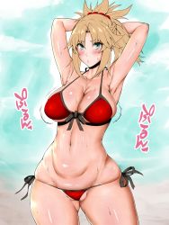 Rule 34 | 1girl, aqua eyes, arms behind head, arms up, beach, bikini, blonde hair, bouncing breasts, breasts, cleavage, curvy, fate/apocrypha, fate (series), gluteal fold, hair ornament, hair scrunchie, highres, kurotama, large breasts, mordred (fate), mordred (fate/apocrypha), mordred (swimsuit rider) (fate), navel, ocean, ponytail, red bikini, scrunchie, solo, swimsuit, thighs, waifu2x, water, wide hips