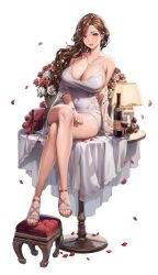Rule 34 | 1girl, alcohol, alternate costume, animal ears, bag, bare shoulders, bottle, breasts, brown hair4, cleavage, crossed legs, cup, destiny child, dress, drinking glass, flower, full body, green eyes, hair flower, hair ornament, jewelry, lamp, large breasts, long hair, looking at viewer, ludaf, necklace, official art, parted lips, petals, red flower, sandals, sitting, solo, stool, table, vivian (destiny child), white background, white dress, white flower, wine, wine bottle, wine glass