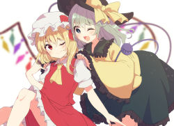 Rule 34 | 2girls, aoi (annbi), ascot, black headwear, blonde hair, blouse, blue eyes, blurry, blurry background, blush, bow, closed mouth, collar, collared shirt, crystal, dress, flandre scarlet, frills, green hair, green skirt, hair between eyes, hat, hat bow, highres, jewelry, komeiji koishi, long sleeves, looking at another, medium hair, mob cap, multicolored wings, multiple girls, one-hour drawing challenge, one eye closed, one side up, open mouth, puffy short sleeves, puffy sleeves, red bow, red dress, shirt, short hair, short sleeves, simple background, sitting, skirt, smile, standing, third eye, touhou, white background, white headwear, white shirt, wide sleeves, wings, yellow ascot, yellow bow, yellow shirt
