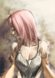 Rule 34 | 1girl, arms at sides, breasts, character request, cleavage, closed eyes, commentary request, covered erect nipples, looking down, looking to the side, medium hair, non (nonbiriya mini), pink hair, see-through, short hair, solo focus, sweat, tank top, very sweaty, wet