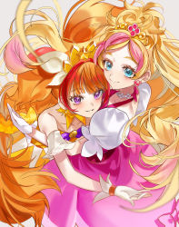 Rule 34 | 2girls, amanogawa kirara, bare shoulders, blonde hair, blue eyes, blush, bow, breasts, brooch, choker, cleavage, collarbone, cure flora, cure twinkle, detached sleeves, dress, earrings, flower, flower earrings, flower necklace, gloves, go! princess precure, gradient background, grey background, hair ornament, haruno haruka, highres, jewelry, long hair, looking at viewer, magical girl, multicolored hair, multiple girls, nani (s2 nani), necklace, orange hair, pink dress, precure, puffy short sleeves, puffy sleeves, purple eyes, quad tails, short sleeves, smile, star (symbol), star earrings, strapless, strapless dress, two-tone hair, very long hair, waist bow, white gloves, yellow dress