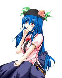 Rule 34 | 1girl, bad id, bad pixiv id, blue hair, female focus, food, fruit, fujimaunt, hat, hinanawi tenshi, long hair, lowres, peach, ribbon, simple background, sitting, solo, touhou, white background