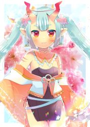 Rule 34 | 1girl, bare shoulders, bell, black dress, blue hair, blush, breasts, closed mouth, dress, earrings, facial mark, fangs, fangs out, floral background, flower, froojo luzifer, hair flower, hair ornament, horns, indie virtual youtuber, jewelry, jingle bell, kou hiyoyo, long hair, long sleeves, looking at viewer, off shoulder, pink flower, pointy ears, red eyes, short eyebrows, small breasts, smile, solo, standing, strapless, strapless dress, thick eyebrows, twintails, very long hair, virtual youtuber, wide sleeves