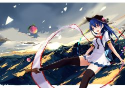 Rule 34 | 1girl, backpack, bag, black hat, black thighhighs, blue hair, bow, bowtie, brown footwear, cloud, cloudy sky, dress, flying, food, fruit, hat, hinanawi tenshi, horizon, large bow, long hair, mountain, open mouth, peach, rainbow gradient, red eyes, ribbon, scenery, shoes, short dress, short sleeves, sky, smile, solo, sword of hisou, tetsurou (fe+), thighhighs, touhou, white dress, zettai ryouiki