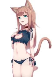 Rule 34 | 1girl, 40hara, aged up, animal ears, arm behind back, bare shoulders, black bra, black panties, blue eyes, blush, bra, breasts, brown hair, cat ears, cat girl, cat lingerie, cat tail, chromatic aberration, cleavage, cleavage cutout, clothing cutout, collar, fang, groin, jpeg artifacts, long hair, looking at viewer, meme attire, navel, open mouth, original, panties, parted lips, scowl, side-tie panties, simple background, small breasts, solo, standing, tail, underwear, underwear only, white background