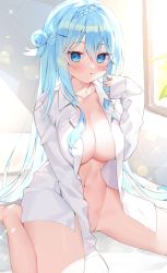 Rule 34 | 1girl, :o, barefoot, bed sheet, between legs, blue eyes, blue hair, blush, braid, breasts, chihiro (khorosho), cleavage, collarbone, collared shirt, dress shirt, hair between eyes, hair bun, hair ornament, hairclip, hand between legs, indoors, large breasts, lens flare, long hair, long sleeves, looking at viewer, naked shirt, navel, no panties, on bed, open clothes, open shirt, original, parted lips, shirt, side bun, single hair bun, single side bun, sitting, sleeves past wrists, solo, straight hair, very long hair, wariza, white shirt