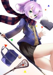 Rule 34 | 1girl, :d, azur lane, bad id, bad pixiv id, bag, black skirt, book, commentary request, contemporary, gradient background, green eyes, hair ribbon, head tilt, highres, holding, holding stick, javelin (azur lane), lacrosse, lacrosse ball, lacrosse stick, long hair, long sleeves, looking at viewer, manjirou (manji illust), open mouth, pleated skirt, purple hair, ribbon, scarf, school bag, school uniform, sidelocks, simple background, skirt, smile, solo, stick