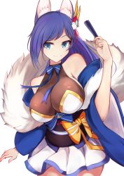 Rule 34 | 1girl, animal ear fluff, animal ears, azur lane, bare shoulders, blue bow, blue bowtie, blue eyes, blue hair, bow, bowtie, breasts, brown shirt, commentary request, cowboy shot, detached sleeves, fox ears, fur collar, hair ornament, hand fan, hand up, highres, holding, holding fan, japanese clothes, jintsuu (azur lane), large breasts, long hair, long sleeves, looking at viewer, marshall k, miniskirt, obi, pleated skirt, retrofit (azur lane), sash, shirt, simple background, skirt, smile, solo, standing, white background, white skirt, wide sleeves