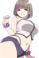 Rule 34 | 1girl, black shorts, blunt bangs, breasts, brown hair, copyright request, duke (inu daimyou), green eyes, large breasts, looking at viewer, midriff, navel, parted lips, pink scrunchie, scrunchie, short hair, short shorts, shorts, simple background, smile, solo, thong, white background, wrist scrunchie