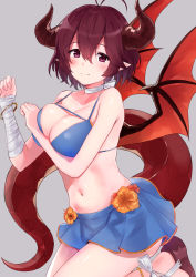 Rule 34 | 1girl, antenna hair, bandaged arm, bandages, bare arms, bare shoulders, bikini, bikini skirt, blue bikini, blush, breasts, brown footwear, cleavage, closed mouth, commentary request, curled horns, dragon girl, dragon horns, dragon tail, dragon wings, flower, granblue fantasy, grea (shingeki no bahamut), grey background, hair between eyes, highres, horns, large breasts, looking at viewer, looking to the side, minikon, navel, orange flower, purple eyes, purple hair, red wings, sandals, shingeki no bahamut, simple background, smile, solo, swimsuit, tail, wings