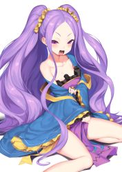 Rule 34 | 1girl, bare shoulders, blush, breasts, chinese clothes, collarbone, fate/grand order, fate (series), forehead, hair ornament, hair scrunchie, hakai shin, hanfu, highres, long hair, long sleeves, looking at viewer, open mouth, parted bangs, purple eyes, purple hair, scrunchie, shawl, simple background, sitting, small breasts, smile, thighs, very long hair, wariza, white background, wide sleeves, wu zetian (fate), wu zetian (first ascension) (fate), yellow scrunchie