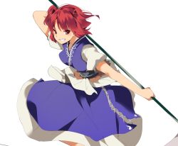 Rule 34 | 1girl, bad id, bad twitter id, coin, dress, grin, hair bobbles, hair ornament, hasebe yuusaku, image sample, looking at viewer, obi, onozuka komachi, puffy sleeves, red eyes, red hair, sash, scythe, short sleeves, simple background, smile, solo, touhou, twintails, two side up, white background